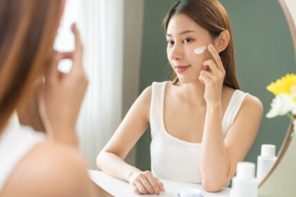 mujer aplica brightening cream rostro